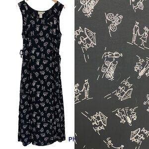 COLDWATER CREEK Novelty People Print Sleeveless Black Maxi Dress Medium Rayon